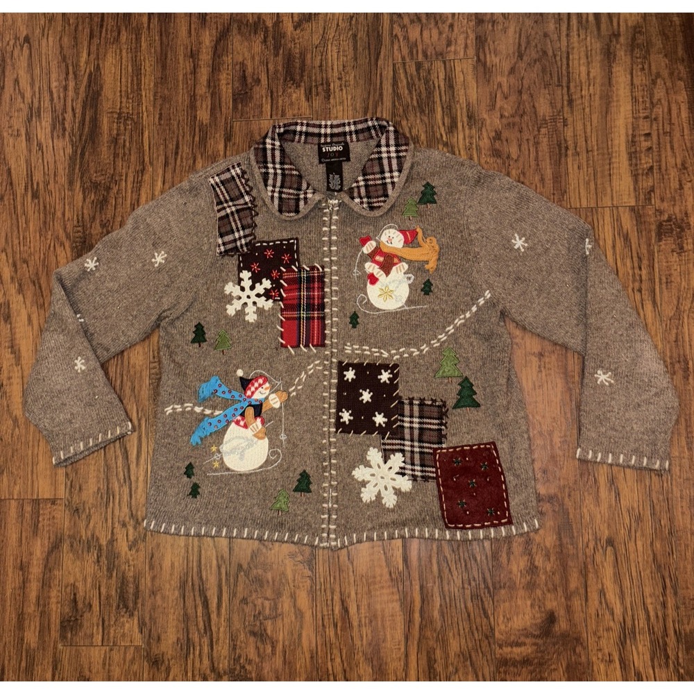 Studio Joy Large Christmas Cardigan Sweater Snowman Santa Embroidered Plaid Trim